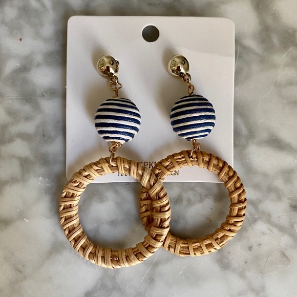 Host Pick! Straw hoop & navy striped ball earrings - Picture 2 of 4